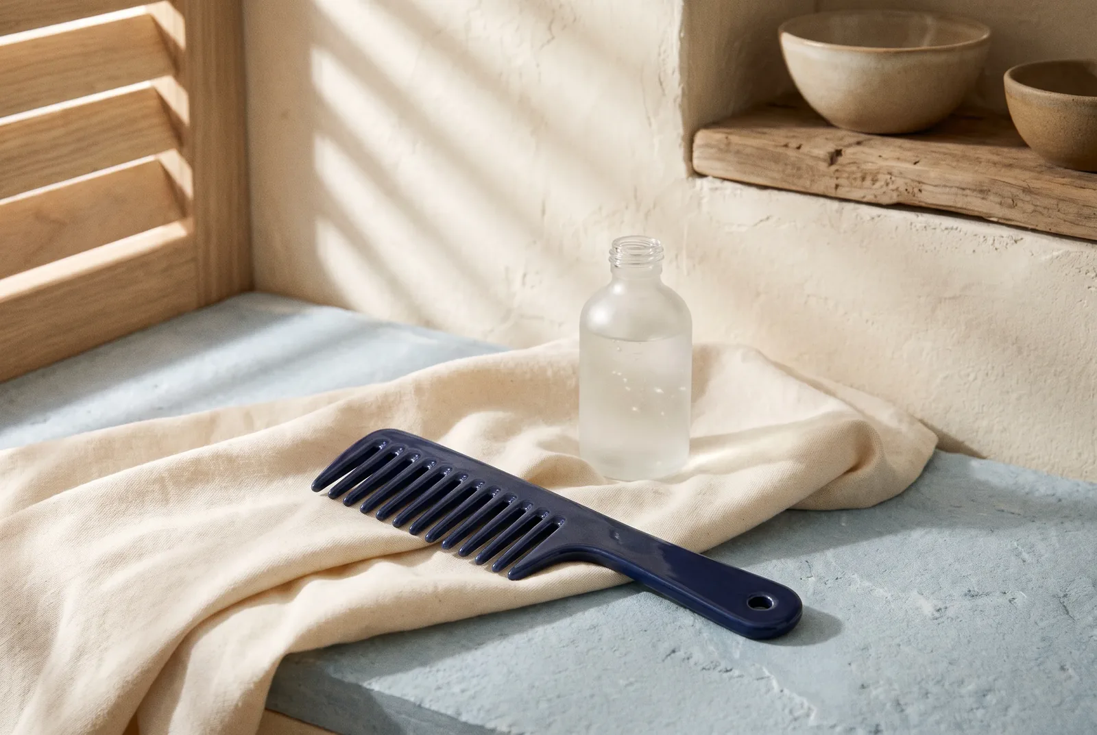Peine de púas anchas y productos para el cuidado del cabello